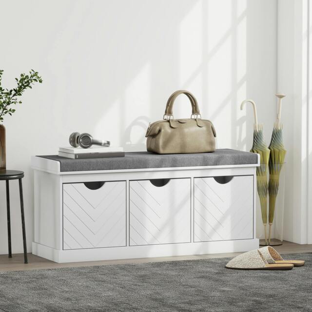 Rackhams Shoe Storage Bench with 3 Removable Drawers and Padded Seat, White - White - Particleboard, polyester - 1 - image 1