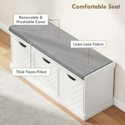 Rackhams Shoe Storage Bench with 3 Removable Drawers and Padded Seat, White - White - Particleboard, polyester - 1 - thumbnail 4