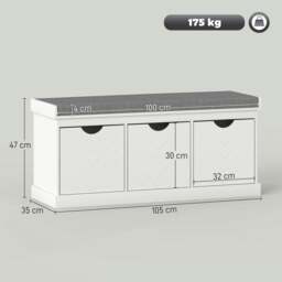 Rackhams Shoe Storage Bench with 3 Removable Drawers and Padded Seat, White - White - Particleboard, polyester - 1 - thumbnail 6