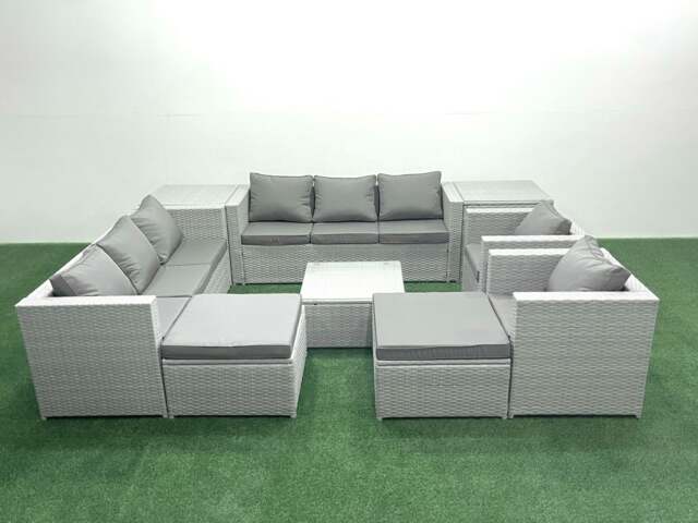 Rackhams Outdoor Rattan Sofa Garden Furniture Set with 2 Armchairs Square Coffee Table 2 Big Footstools 2 Side Tables Light Grey Mixed - image 1