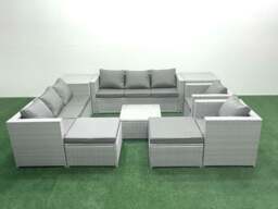 Rackhams Outdoor Rattan Sofa Garden Furniture Set with 2 Armchairs Square Coffee Table 2 Big Footstools 2 Side Tables Light Grey Mixed - thumbnail 1