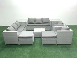 Rackhams Outdoor Rattan Sofa Garden Furniture Set with 2 Armchairs Square Coffee Table 2 Big Footstools 2 Side Tables Light Grey Mixed - thumbnail 2