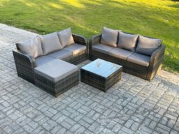 Rackhams Dark Grey Mix PE Wicker Rattan Garden Furniture Set Sofa Set Reclining Adjustable Chair 2 Lounge Sofa - thumbnail 1