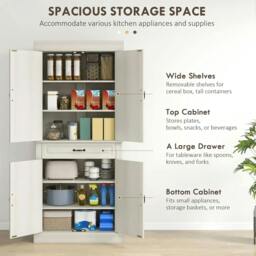 Rackhams Tall Kitchen Cupboard, Kitchen Pantry Cabinet with Drawer, Shelves, White - thumbnail 4