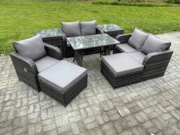 Rackhams 7 Seater Outdoor Garden Dining Sets Rattan Furniture With Dining Table Armchairs Love Sofa 2 Big Footstool 2 Side Tables Dark Grey Mixed - thumbnail 1