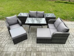 Rackhams 7 Seater Outdoor Garden Dining Sets Rattan Furniture With Dining Table Armchairs Love Sofa 2 Big Footstool 2 Side Tables Dark Grey Mixed - thumbnail 2