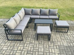 Rackhams Aluminium Outdoor Garden Furniture Set Lounge Corner Sofa Oblong Coffee Table Sets with 2 Big Footstools Dark Grey - thumbnail 1