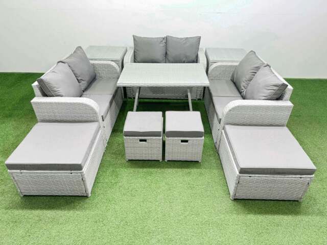 Rackhams 10 Seater Patio Garden Furniture Sets with Dining Table Love Sofa 2 Side Tables 4 Stools Light Grey - image 1
