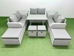 Rackhams 10 Seater Patio Garden Furniture Sets with Dining Table Love Sofa 2 Side Tables 4 Stools Light Grey - thumbnail 1