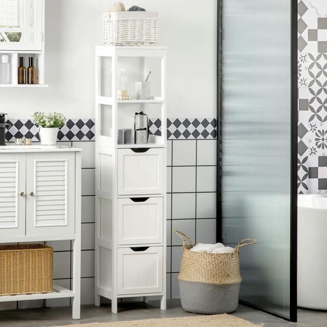 Rackhams Slim Bathroom Storage unit with 3 Drawers and 2 Open Shelves, White - Bathroom Cabinet - MDF - White - image 1