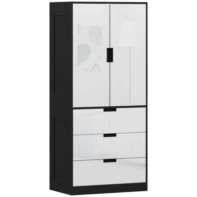 Rackhams 2 Door Wardrobe, Modern Wardrobe with 3 Drawers and Hanging Rod for Bedroom, High Gloss White