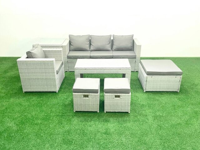 Rackhams Rattan Garden Furniture Set Outdoor Lounger Sofa with Coffee Table 3 Footstools Side Table Light Grey Mixed - image 1