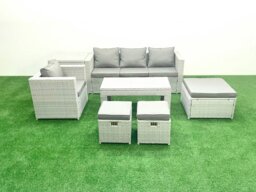 Rackhams Rattan Garden Furniture Set Outdoor Lounger Sofa with Coffee Table 3 Footstools Side Table Light Grey Mixed - thumbnail 2