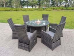 Rackhams Rattan Outdoor Garden Furniture Gas Fire Pit Dining Table Gas Heater Burner Reclining Table And Chair Sets 6 Seater Plus Round Table