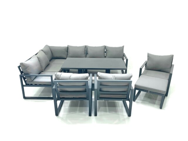 Rackhams Aluminum Outdoor Garden Furniture Set Corner Sofa Big Footstool 3 Chairs Adjustable Rising Lifting Dining Table Sets Dark Grey