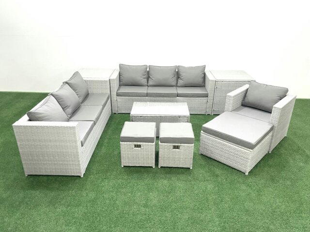 Rackhams Wicker PE Rattan Sofa Garden Furniture Set with Armchair Oblong Coffee Table 3 Footstools 2 Side Tables Light Grey Mixed - image 1