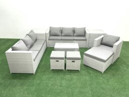 Rackhams Wicker PE Rattan Sofa Garden Furniture Set with Armchair Oblong Coffee Table 3 Footstools 2 Side Tables Light Grey Mixed - thumbnail 1