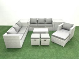 Rackhams Wicker PE Rattan Sofa Garden Furniture Set with Armchair Oblong Coffee Table 3 Footstools 2 Side Tables Light Grey Mixed - thumbnail 2