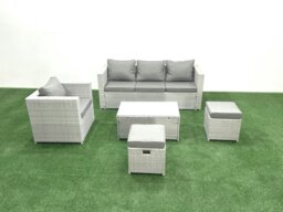 Rackhams Rattan Garden Furniture Set with 3 Seater Sofa Chair Rectangular Coffee Table Big Footstool Light Grey Mixed 6 Seater - thumbnail 2