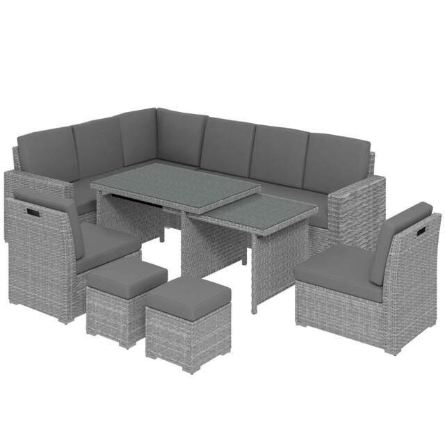 Rackhams Seven-Piece Rattan Garden Sofa Set, with Expanding Table - Light Grey