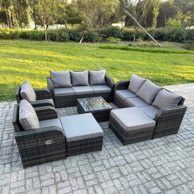Rackhams 10 Seater Outdoor Rattan Garden Furniture Set with 2 Sofas, 2 Reclining Chairs, Coffee Table & 2 Footstools - Dark Grey - image 1