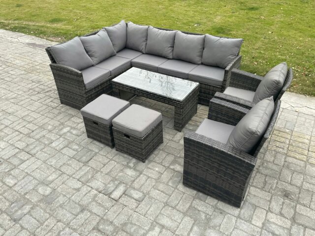 Rackhams Rattan Garden Furniture Sets High Back Corner Sofa Oblong Coffee Table Set with 2 Small Footstool 2 Armchairs Dark Grey Mixed - image 1