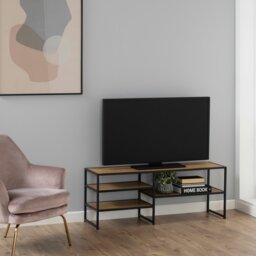 Rackhams Seaford Black Metal Open TV Unit with 3 Oak Shelves - 1 - thumbnail 5