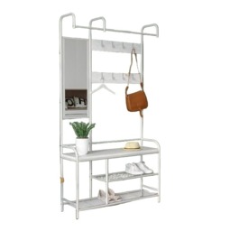 Rackhams Entryway Coat Hanger Stand with Shoe Bench & Mirror Black Rustic Oak Hallway Storage Unit - White
