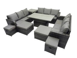 Rackhams Rattan Garden Furniture Dining Set 13 seater Patio Height Adjustable Rising Lifting Table Sofa Set with Side Table Dark Grey Mixed - thumbnail 2