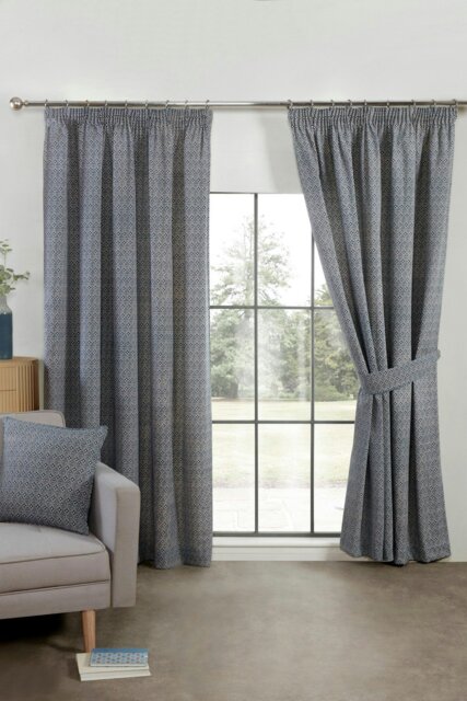"Rackhams Aztec Pencil Pleat Fully Lined Ready Made Taped Top Curtain Pair - Navy - 46 x 90""" - image 1