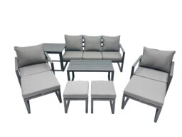 Rackhams 9 Seat Outdoor Garden Furniture Set Aluminium Lounge 3 Seat Sofa Oblong Coffee Table Sets with Chair 4 Stools Side Table Dark Grey - thumbnail 1