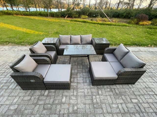 Rackhams Outdoor Rattan Garden Furniture Set 9 Seater Patio Lounge Sofa Set with Dining Table 2 Big Footstool 2 Side Tables Dark Grey Mixed - image 1