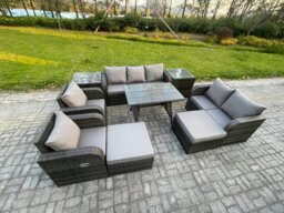 Rackhams Outdoor Rattan Garden Furniture Set 9 Seater Patio Lounge Sofa Set with Dining Table 2 Big Footstool 2 Side Tables Dark Grey Mixed - thumbnail 2