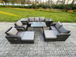 Rackhams Outdoor Rattan Garden Furniture Set 9 Seater Patio Lounge Sofa Set with Dining Table 2 Big Footstool 2 Side Tables Dark Grey Mixed - thumbnail 1