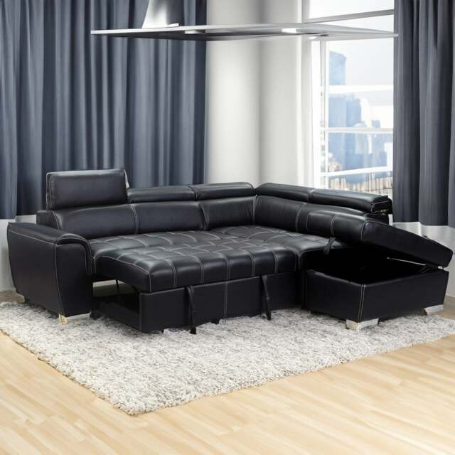 Rackhams Nevada Black Leather Corner Sofa Bed Tilting Headrest + Storage Ottoman - Right Hand Facing + Footstool - image 1