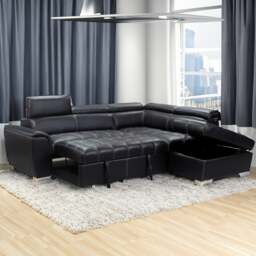 Rackhams Nevada Black Leather Corner Sofa Bed Tilting Headrest + Storage Ottoman - Right Hand Facing + Footstool