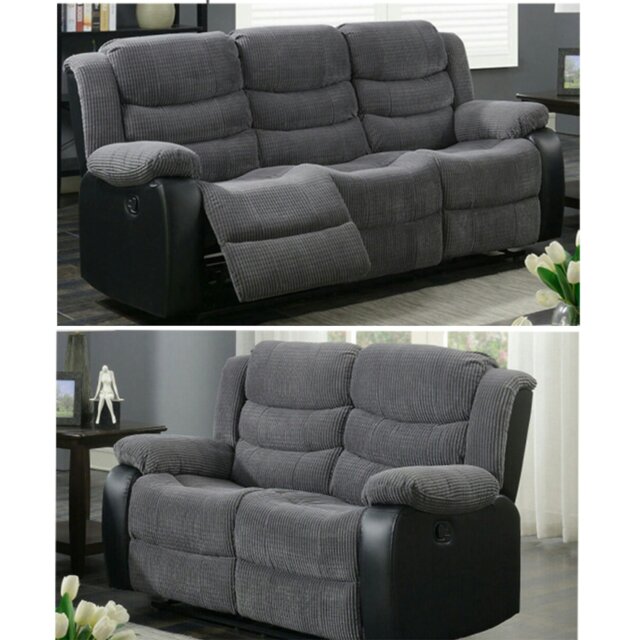 Rackhams Roma Jumbo Cord with Leather Sofa 3+2 Seater Fabric Recliner Sofa in Grey with Black - 3 Seater & 2 Seater Set - image 1