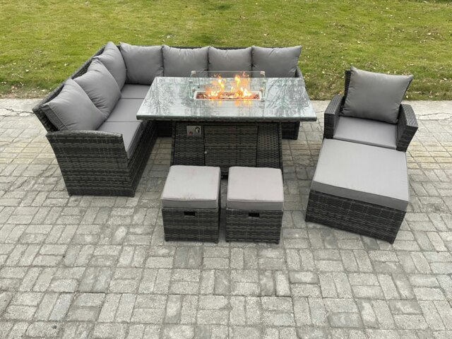 Rackhams 10 Seater Outdoor Rattan Garden Furniture Set Corner Sofa Gas Fire Pit Dining Table Sets Gas Heater with 3 Footstools Armchair Dark Grey Mixed - image 1