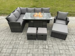 Rackhams 10 Seater Outdoor Rattan Garden Furniture Set Corner Sofa Gas Fire Pit Dining Table Sets Gas Heater with 3 Footstools Armchair Dark Grey Mixed - thumbnail 1