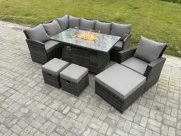 Rackhams 10 Seater Outdoor Rattan Garden Furniture Set Corner Sofa Gas Fire Pit Dining Table Sets Gas Heater with 3 Footstools Armchair Dark Grey Mixed - thumbnail 2