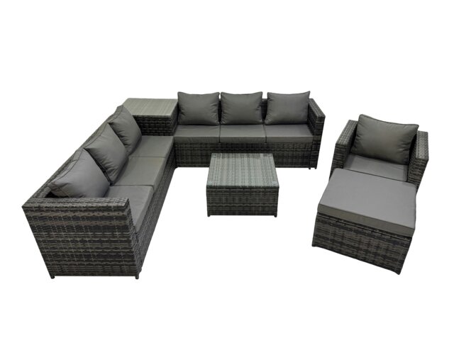 Rackhams 8 Seater Garden Outdoor Rattan Furniture Set Patio Corner Sofa Coffee Table with Side Table Big Stool Dark Grey - image 1