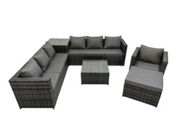 Rackhams 8 Seater Garden Outdoor Rattan Furniture Set Patio Corner Sofa Coffee Table with Side Table Big Stool Dark Grey - thumbnail 1