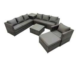Rackhams 8 Seater Garden Outdoor Rattan Furniture Set Patio Corner Sofa Coffee Table with Side Table Big Stool Dark Grey - thumbnail 2