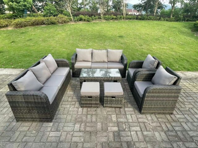 Rackhams 10 Seater Dark Grey PE Wicker Rattan Garden Furniture Set Reclining Chair 3 Seater Lounge Sofa Set Outdoor Rectangular Coffee Table - image 1