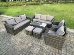 Rackhams 10 Seater Dark Grey PE Wicker Rattan Garden Furniture Set Reclining Chair 3 Seater Lounge Sofa Set Outdoor Rectangular Coffee Table - thumbnail 2