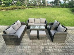 Rackhams 10 Seater Dark Grey PE Wicker Rattan Garden Furniture Set Reclining Chair 3 Seater Lounge Sofa Set Outdoor Rectangular Coffee Table - thumbnail 1