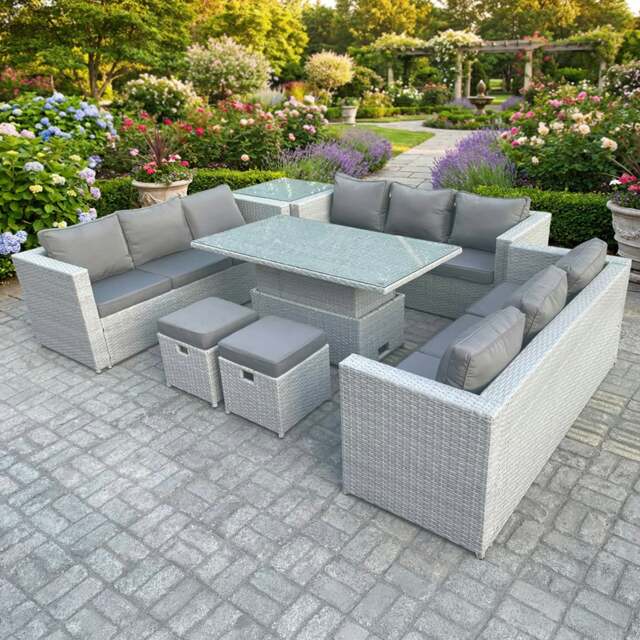 Rackhams U Shape Rattan Garden Furniture Set with Adjustable Table, 3 Sofas, Side Table & 2 Footstools - Light Grey - image 1