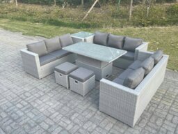 Rackhams U Shape Rattan Garden Furniture Set with Adjustable Table, 3 Sofas, Side Table & 2 Footstools - Light Grey - thumbnail 4