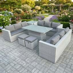 Rackhams U Shape Rattan Garden Furniture Set with Adjustable Table, 3 Sofas, Side Table & 2 Footstools - Light Grey