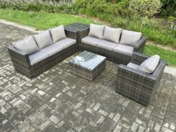 Rackhams Rattan Garden Furniture Sofa Set with Armchair Square Coffee Table Side Table Indoor Outdoor 7 Seater Rattan Set Dark Grey Mixed - thumbnail 1
